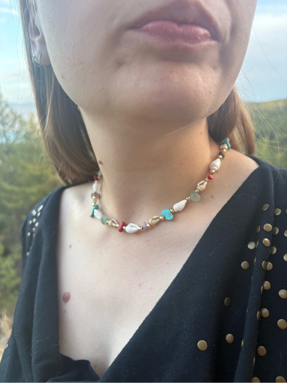 Beaded Necklace With Real Gemstone,Turquoise &Shell Jade Amethyst